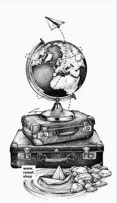 a drawing of a globe sitting on top of suitcases with an airplane flying above it