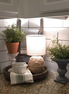 a kitchen counter with two potted plants on it and a lamp in the corner