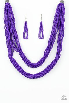 Countless layers of vivacious purple seed beads drape below the collar. Additional strands of purple seed beads wrap around the center of the layers, creating two bulky rows for a seasonal flair. Features an adjustable clasp closure. Sold as one individual necklace. Includes one pair of matching earrings. Paparazzi Accessories Jewelry, Purple Necklace, Jewelry Styles, Boutique Items, Beaded Wraps, Paparazzi Accessories, Jewelry Images, African Jewelry, Best Jewelry