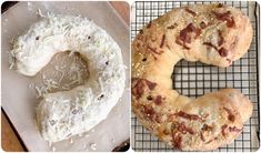 two different types of doughnuts on cooling racks