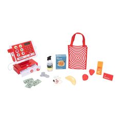 an assortment of toys including a red bag and other items on a white background,