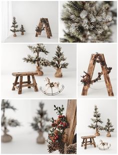 various photos of christmas trees and decorations in different stages of being made from wooden boards