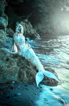 a woman dressed as a mermaid is sitting on the rocks by the water at sunset