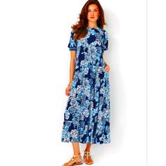 Fun Elbow Sleeves On This Dress, Great Midi Length! Nwt In Original Shipping Bag, Size 2 Navy Short Sleeve Dress For Vacation, Blue A-line Maxi Dress For Daywear, Flutter Dress, Amelia Dress, Fitted Midi Dress, Ocean Breeze, Pink Midi Dress, Halterneck Dress, Sleeve Midi Dress