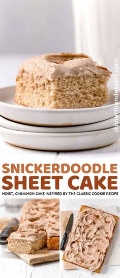 a cake with frosting on top and the words, snickker doodle sheet cake