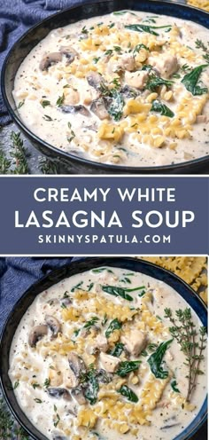 creamy white lasagna soup in a black bowl