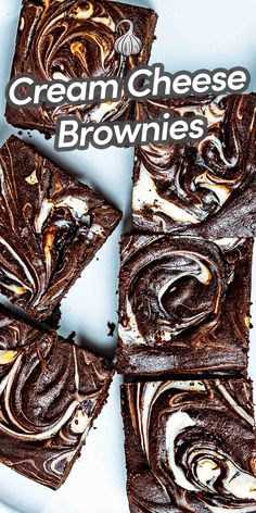 brownies with chocolate swirl on top and the words cream cheese brownies above them