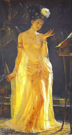 a painting of a woman in a yellow dress with flowers on her head and hands out