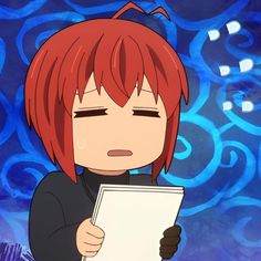 an anime character with red hair holding a piece of paper