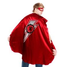 a man wearing a red cape with lightning bolt on the front and eye patch on the back