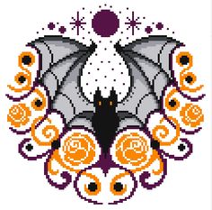 a cross stitch pattern with an image of a bat and flowers in the center, on a white background