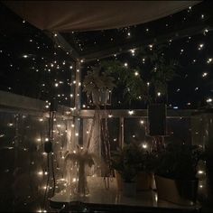 a room filled with lots of lights and potted plants on top of a table