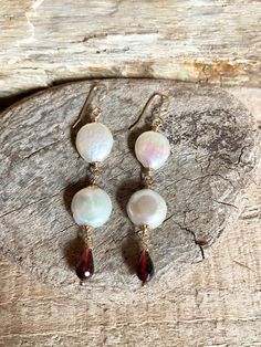 Gold filled dangle earrings with white freshwater coin pearls and faceted garnet gemstones Petite Earrings, Gold Chandelier Earrings, Gold Dangle Earrings, Coin Pearls, Gold Chandelier, Garnet Gemstone, Gold Earrings Dangle, Earrings Photo, Turquoise Gemstone