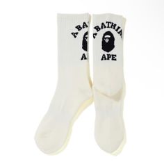 Bape College Socks Color : White / Black Brand New, In Plastic With Tags! No Trades!! All Lowballs Will Be Blocked Checkout My Page For More Great Deals Sporty Winter Socks For Streetwear, Cotton Socks With Letter Print For Streetwear, White Sporty Socks For Winter, White Sporty Winter Socks, Sporty Letter Print Socks For Streetwear, White Sports Socks For Winter, Sporty Cotton Socks For Streetwear, Comfortable White Socks With Letter Print, Casual Cotton Socks For Streetwear