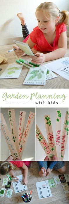 a collage of photos showing children's garden activities