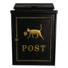 a black and gold post box with a cat on it's front cover that says post