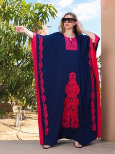 "Elegant Navy blue butterfly embroidered Plus size Kaftan, Loose fit Bohemian Caftan, Cotton Kaftan, Exotic Kaftan, Moroccan Caftan. This beautiful Moroccan butterfly Kaftan has a unique presence to it. It's elegant and most importantly comfortable wear, light and soft and can be used on many occasions - home gatherings, dinners, or just in your home to feel comfortable. Fabric : 80% Egyptian Cotton and 20% Polyester Measurements : Free size. Fits up to 6XL. Also there is a belt that can be used to tighten the dress around the hips. Bust size : 98 inches Length : 55 inches For reference, the model is 5'6\" and a size 4 US (Small). Since it's a free size dress, it fits her quite loosely and will be more fitted on bigger sizes. >> Shipping times<< We ship all orders with DHL within one to tw Blue Long Kaftan With Dabka Detailing, Blue Embroidered Kaftan For Vacation, Embroidered Blue Kaftan For Vacation, Bohemian Blue Abaya For Festive Occasions, Long Embroidered Free Size Kaftan, Blue Festive Kaftan For Vacation, Traditional Beach Kaftan With Intricate Embroidery, Traditional Embroidered Kaftan For Vacation, Blue Chikankari Embroidery Kaftan For Eid