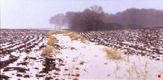 a snow covered field with trees in the distance