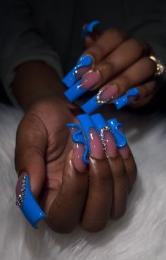 Short Nails Extra, Extra Baddie Nails, Baddie Nail Ideas, Crazy Acrylic Nails, Blue Acrylic Nails, Nails Design With Rhinestones