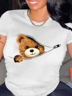 Cartoon Teddy Bear Zipper Print Slim Fit Short Sleeve T-Shirt Graphic Tees Women Tops White Casual  Short Sleeve Knitted Fabric Animal,Cartoon,Slogan  Medium Stretch Summer Women Clothing, size features are:Bust: ,Length: ,Sleeve Length: Fabric Animals, Slim Fit Shorts, White Casual, Graphic Tees Women, All Fashion, Summer Women, Women Clothing, Casual Shorts, Length Sleeve