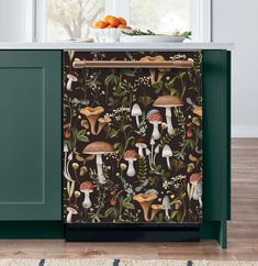 an image of a kitchen with mushrooms and plants on the cabinetry door side by side