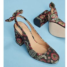 Anthropolologie Floral Brocade Bow Slingback Pumps New In Box Size 37 Eur / Size 7 Us Chic Fabric Heels With Floral Print, Chic Floral Print Fabric Heels, Jacquard Shoes, Brocade Shoes, Floral Print Shoes, Brown Strappy Sandals, Tassel Heels, Heels Vintage, Pointy Toe Shoes