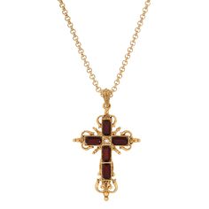 This magnificent pendant necklace features a Royal inspired filigree cross accented with European octagon crystals & one tiny clear crystal at the center and dangles elegantly from a rolo chain with 3" extension chain. Available In Rose Pink & Garnet Red Measurements: 18"L x 2.8"H x 1.7"W 3-Inch Extension Chain Lobster Clasp Closure Symbols Of Faith Jewelry Symbols Of Faith is an inspirational line of faith oriented jewelry and gifts. The collection is proudly designed and made in the U.S.A. Thi Symbols Of Faith, Pink Garnet, Crucifix Necklace, Faith Jewelry, Garnet Red, Crystal Cross, Porcelain Roses, Gold Cross Necklace, Funky Jewelry