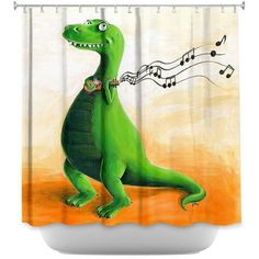 a green dinosaur with music notes on it's neck and mouth is standing in front of a shower curtain