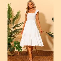 In a smocked front and contrast decor design, makes of lightweight fabric, the dress can be fulled your outfit's collection in your wardrobe. The soft fabric flowy ruffles below the knee in a flared dress and decor with tiered shirred hem. Suit for summer and for many occasions, such as casual, dating, cocktail party, weekend gathering, sunny beach, travel and daily wear. White Casual Smocked Dress With Ruffles, White Sundress With Smocked Bodice And Square Neck, Knee-length Smocked Dress With Ruffles, Casual White Midi Dress With Smocked Bodice, Knee-length Smocked Dress With Ruffles For Vacation, Summer Daywear Smocked Dress With Smocked Cuffs, Summer Smocked Dress With Smocked Cuffs For Daywear, White Smocked Sundress, Knee-length Ruffled Smocked Dress For Vacation