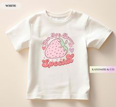 Toddlers will look adorable in this "YOU ARE BERRY SPECIAL" youth short sleeve tee. This lightweight side-seamed shirt maximizes comfort all day long.  Strawberry Toddler Tee, Berry Special Baby Shirt, Valentines Day Shirt, Retro T-Shirt, Natural Summer Hearts Love TShirt, Birthday Gift 🌟100% Airlume combed and ringspun cotton (fiber content may vary for different colors) 🌟Light fabric (3.9 oz/yd² (132 g/m 🌟Retail fit RETURNS: All products are made-to-order and because of the nature of these Sweet Cartoon Print Short Sleeve Tops, Sweet Pink T-shirt With Cartoon Print, Cute Short Sleeve T-shirt With Heart Graphic, Cute T-shirt With Heart Graphic, Cute Cotton T-shirt For Birthday, Cute Graphic Print Top For Birthdays, Sweet Cotton T-shirt For Gifts, Sweet White Tops With Cartoon Print, Sweet Cotton T-shirt As Gift