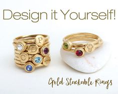 Always wanted to be a jewelry designer? Now you can be with our DIY stackable rings. You can combine any number of initial, symbol and birthstone rings you want to create a stylish and meaningful piece of jewelry. Create a family ring with one initial and one birthstone for each member of Personalized Gold Sterling Silver Birthstone Ring, Gold Gemstone Stackable Rings For Birthday, Gold Birthstone Ring For Mother's Day, Personalized Stackable Rings With May Birthstone, Customizable Gold-colored Stackable Rings In Sterling Silver, Personalized 14k Gold May Birthstone Ring, Personalized Sterling Silver Yellow Gold Birthstone Ring, Customizable Gold Birthstone Ring For Anniversary, Gold Sterling Silver Stackable Rings For May Birthstone