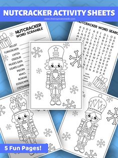 the nutcracker activity sheets are shown in four different colors and sizes, including snowflakes