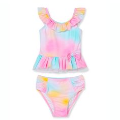 This Is An Adorable Brand New Unused Tags Attached Two Piece Swimsuit For Baby Girl By Little Me. Size 24 Months. Little Me Brand Runs Small. Pretty Light Pastel Rainbow Tye Dye Design Of Pink, Orange, Yellow And Blue. Waist And Neck Top Ruffles. Bow Detail On Back Of The Top. Ruched Fitting Snug Pull Up Bottom. Sun Shielding And Quick Drying. Upf 50+. This Would Fit A Smaller Baby About 12 To 18 Months Depending On Size. 57% Nylon, 38% Polyester And 5% Spandex. Machine Wash Hot Or Cold And Hang Colorful Swimsuit, Tie Dye Swimsuit, Swimsuit Pink, Big Splash, Girls Tie, Tie Dye Designs, Buy Buy Baby, Pretty Prints, Kids Outfits Girls