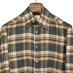 G. Inglese Grey ochre & burgundy plaid cotton flannel shirt, buttoned collar – No Man Walks Alone Button Collar Shirt, Men Closet, Handmade Shirts, Flannel Shirts, Popover Shirt, Shirt Maker, Denim Cotton, Mother Of Pearl Buttons, Long Sleeve Polo