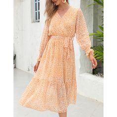 Yellow Floral Print V Neck Long Sleeve Swing Dress Orange Long Sleeve Midi Dress For Spring, Orange Long Sleeve Maxi Dress For Day Out, Yellow Flowy V-neck Floral Dress, Yellow V-neck Floral Dress For Beach, Yellow Floral V-neck Dress Casual Style, Yellow V-neck Sundress With Floral Print, Yellow Floral Print V-neck Maxi Dress, Dresses Floral, Floral Dresses