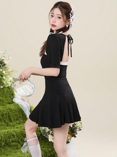 ❤︎French monochrome swimming two-piece one-piece swimsuit❤︎ Dress Swimsuit, Pearl Bag, Swimsuit Dress, Quilted Bag, Cute Bags, Black Swimsuit, Two Piece Dress, Piece Dress, Fashion Flats