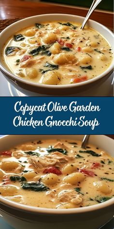 This creamy and comforting soup replicates Olive Garden's beloved Chicken Gnocchi Soup. It features tender chicken, soft gnocchi, and fresh spinach in a rich, flavorful broth, making it a perfect dish for any occasion. Tuscan Chicken Gnocchi Soup, Gnocchi And Spinach Soup, Gnocchi And Chicken Soup, Creamy Chicken Gnocchi Soup Olive Garden, Soup Recipes Chicken Gnocchi, Gnocchi Spinach Soup, Crockpot Chicken Gnocchi Olive Garden, Chicken And Gnocchi Soup Recipes, Creamy Nochi Soup