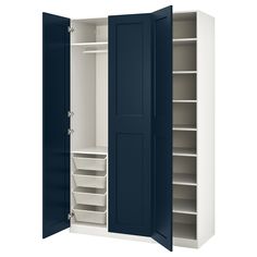 an open white and blue closet with shelves on both sides, one door opened to reveal the other