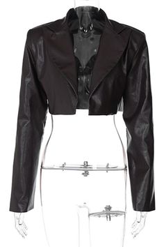 Experience the stylish and sophisticated look of our Suit Collar PU Crop Jacket. Made with a sleek and unique collar design, this jacket will elevate any outfit. The high-quality PU material adds durability and edge while the cropped style keeps you on-trend. Dress to impress with this must-have piece! Style Sexy & Club Fabric Type Blended fabrics , PU Material Polyester , Lanon , PU Neckline Suit Collar Pattern Type Solid Sleeve Length Full Season Spring / Autumn Fabric Non-Stretch Sleek Fitted Faux Leather Outerwear, Fitted Faux Leather Blazer For Fall, Chic Fitted Faux Leather Outerwear, Spring Fitted Faux Leather Blazer, Fitted Cropped Leather Jacket For Winter, Chic Cropped Leather Jacket For Fall, Trendy Fitted Faux Leather Outerwear, Chic Faux Leather Cropped Jacket For Spring, Chic Spring Cropped Faux Leather Jacket