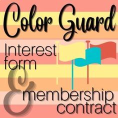 the words color guard and interest form are in front of an orange, pink, blue, and yellow striped background