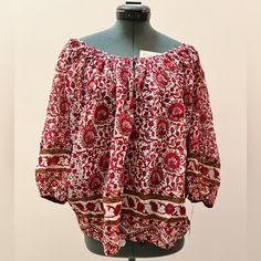 Red Floral Blouse Red Bohemian Tops With Floral Print, Red Bohemian Top With Floral Print, Bohemian Red Tops With Floral Print, Bohemian Red Floral Print Top, Traditional Floral Print Blouse For Fall, Red Festive Blouse For Fall, Festive Red Blouse For Fall, Red Blouse For Festive Fall Occasions, Red Long Sleeve Peasant Top With Floral Print