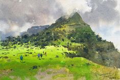 a painting of people walking on a grassy hill