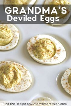 deviled eggs are arranged in rows on a baking sheet with text overlay that reads grandma's deviled eggs