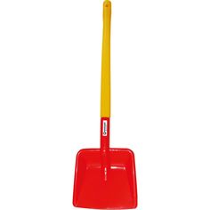 a red and yellow plastic shovel on a white background