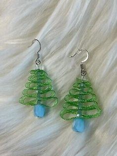 Holiday Green/Blue Ribbon Christmas Tree Earrings Handcrafted FAST SHIPPING | eBay Holiday Handmade Green Jewelry, Blue Ribbon Christmas Tree, Festive Handmade Green Chandelier Earrings, Handmade Green Earrings For Holidays, Blue Ribbon Christmas, Green Handmade Holiday Earrings, Christmas Green Dangling Beads Earrings, Beaded Christmas Earrings, Christmas Earings