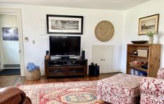 a living room filled with furniture and a flat screen tv on top of a wooden stand