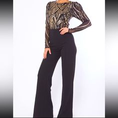 Long Sleeve Zip Back Flare Leg Self: 95% Polyester, 5% Spandex Care: Hand Wash Cold With Like Colors, Do Not Bleach, Air Dry Flat Gold Stretch Jumpsuit For Night Out, Glamorous Fitted Black Bodysuit, Glamorous Evening Bodysuit For Fall, Chic Elastane Jumpsuits And Rompers For Party, Gold Long Sleeve Bodysuit For Night Out, Glamorous Black Stretch Bodysuit, Elegant Black Sequined Bodysuit, Elegant Black Bodysuit With Sequins, Fitted Black Sequin Bodysuit