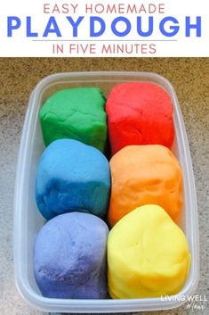 colorful playdoughs in a plastic container with text overlay that says easy homemade playdough in five minutes