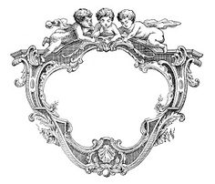 an ornate frame with three cherubs on it, vintage line drawing or engraving