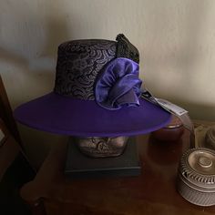 Purple And Paisley Wool Felt Hat. With Satin Bow And Black Sequin Leaf . Brand By Whitehall And Shon Fitted Purple Hat With Short Brim, Black Cargo Pants Women, Healing Hands Scrubs, Nike Bra, Juicy Couture Tracksuit, Purple Paisley, Elegant Hats, Adult Halloween Costumes, Michael Kors Wallet